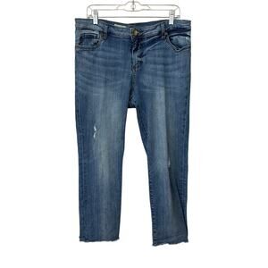 KFTK Jeans Crop Straight Leg Womens 16 Raw Hem Distressed Stretch Comfort Blue